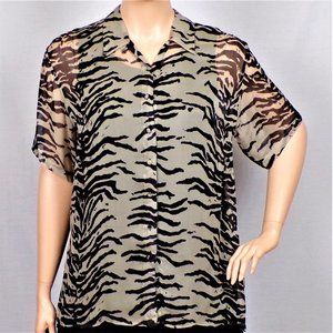 SILK! QUO-SILK size L black/gray short-sleeve 100% silk blouse hand wash or DC